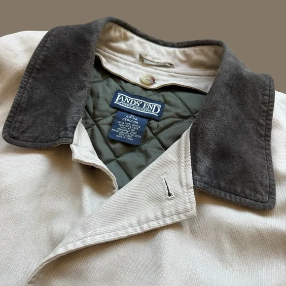 VTG Lands' End Chore Coat Jacket Mens XL Beige Tan Insulated Button Front Suede